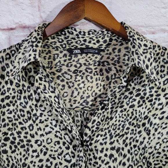 Zara Leopard Print Chiffon Puff Sleeve Button Up Blouse - Picture 8 of 14